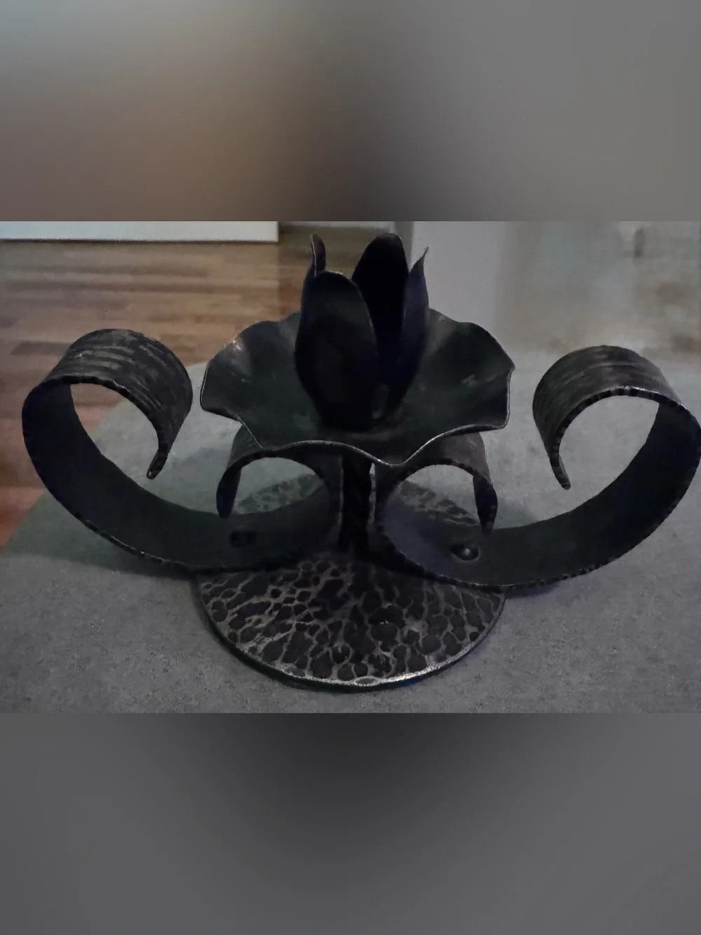Vintage Black Wrought Iron Candle Holder, Sculptural Flower with Scroll SideArms